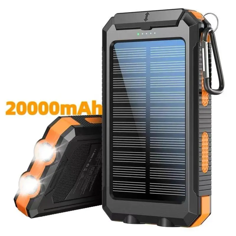 20000mAh High Capacity Battery Solar Powered Power Bank, Mobile High Power Portable Charger with Built-in USB-A, Type-C, Micro USB Ports, Fast Charging, Flashlight, Carabiner, Compact Waterproof for Smartphones, Outdoor Emergency Use