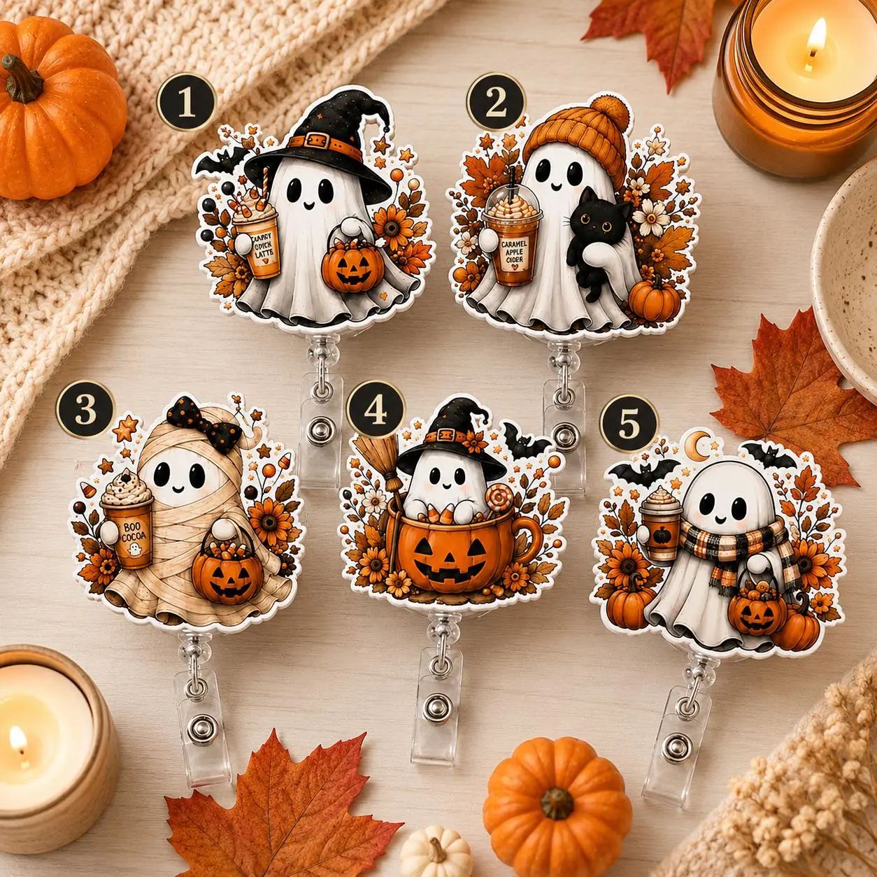 Cute Ghost Halloween Acrylic Badge Reel – Pumpkin Spice Retractable ID Badge Holder, Spooky Nurse Badge Buddy, Teacher & Pediatric RN Fall Gift
