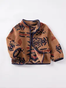 Boys' Fleece Jacket Fall Winter Warm Casual Pattern Zipper Pullover, Thick Fabric Stand Collar Coat for Kids, Stylish Outerwear, Casual Jackets