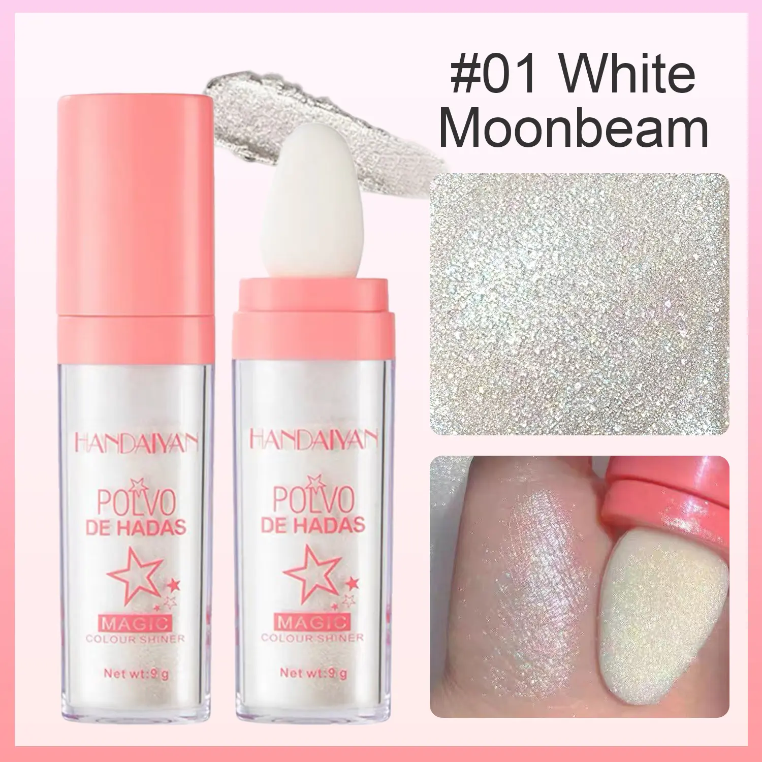 HANDAIYAN Highlighter Powder Glitter Bar #01 White Moonbeam Long Lasting Shimmering Pearly Fairy Makeup for Face & Body with Sponge Tip Christmas Gift