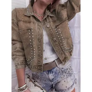 Plus Size Women's Vintage Distressed Studded Denim Short Jacket, Short Loose Denim Top With Large Pockets, A Fashionable And Versatile Item