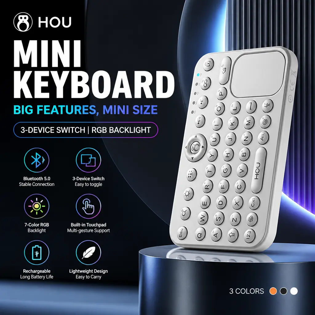 HOU Silver Magnetic Mini Keyboard with touchpad & 7-Color Backlight, Bluetooth 3-Device Pairing, Magnetic Portable Design, Works with Phones, Tablets, laptops, desktops and smart TVs