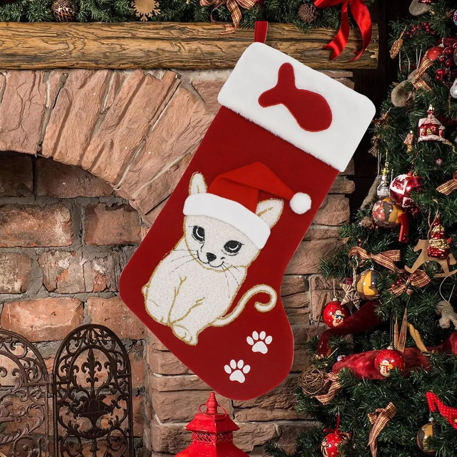 Single 20 inch Large 3D Cute Felt Embroidered Cat Christmas Stocking with Pet Paw Fish and Plush Cuff for Kitty Xmas Decorations