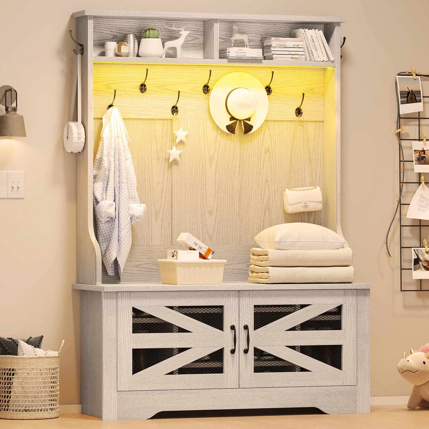 SIKAIC White Hall Tree with Bench and Shoe Storage, Entryway Coat Rack with Storage Cabinet, LED Lights and Hooks