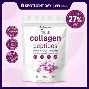 Micro Ingredients Multi Collagen Peptides Powder - Hydrolyzed Protein Peptides (Type I,II,III,V,X) with Hyaluronic Acid, Biotin & Vitamin C Unflavored