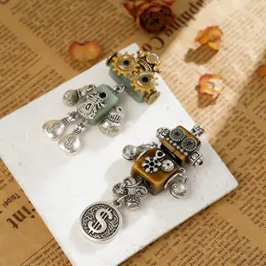 Crystal Steam Punk Robot Pendant with Gears and Dollar Charm for Unique Jewelry