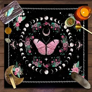 Pink Butterfly Floral Moon Cycle Design Square Tarot Tablecloth, Witch-style, Witchcraft, Spiritual home decor Altar Cloth, Multiple Sizes Polyester Fabric, Easy to Clean & Maintain, Decorative Divination Cloth for Spreads & Rituals