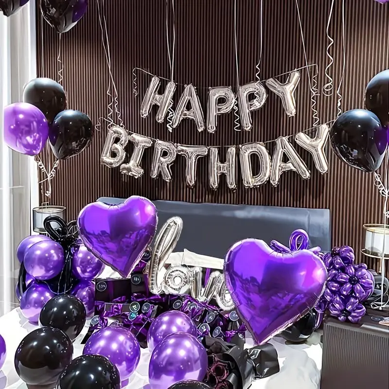 Silvery Happy Birthday Letter Foil Balloons, Heart Shaped Balloons, Including Black Purple And Love Heart LOVE, Suitable for Birthday Party, Family Party Background, Festival Decoration, Birthday Decorations, Balloon Set
