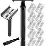 Long Handle Double Edge Safety Razor - Butterfly Open Razor with 10 Japanese Stainless Steel Double Edge Blades - Close, Clean Shaving Razor