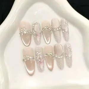 Pointed Almond 3D Cat Eye Glitter Butterfly Press On Nails, Fairy Pearl Rhinestone False Nail Tips with Jelly Glue & Nail File