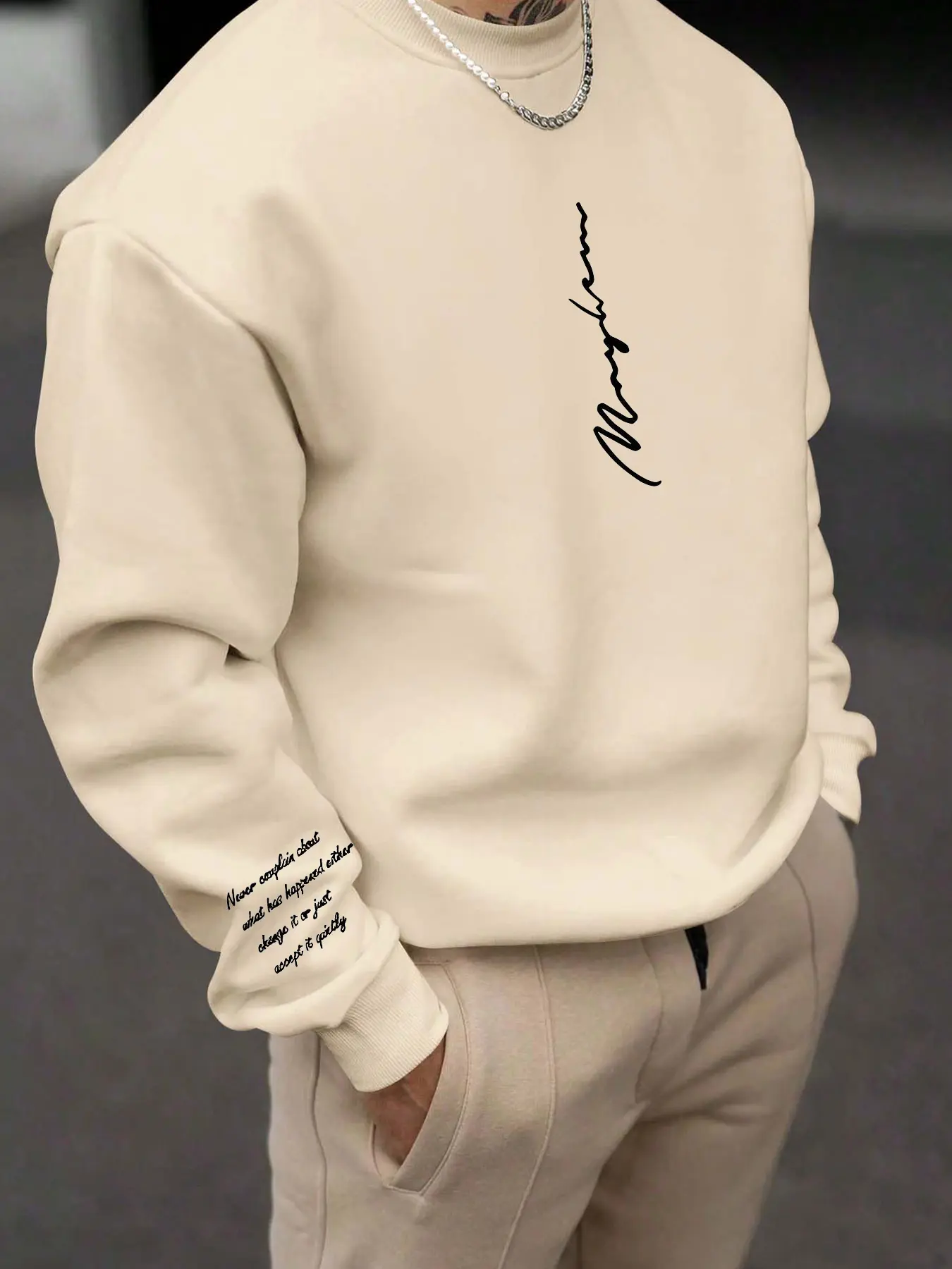 Men's Classic Letter Print Graphic Fleece Long Sleeve Sweatshirt, Casual Round Neck Top for Fall & Winter, Versatile H-Type Fit, Clothes