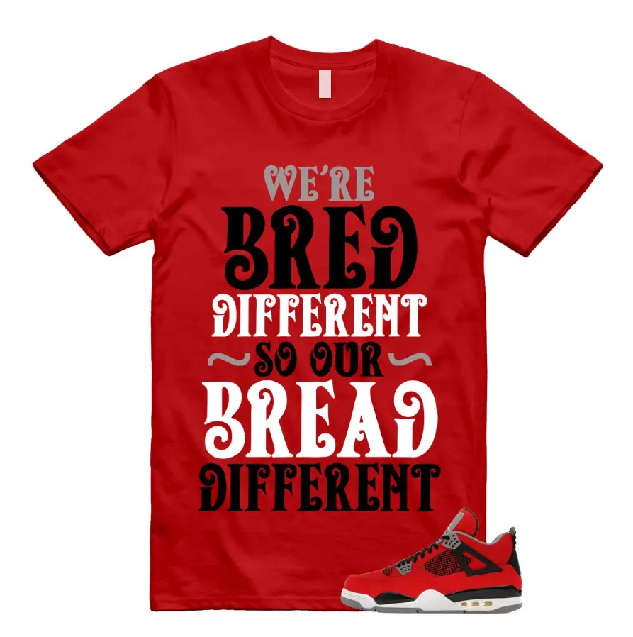 4 Toro Bravo Fire Red White Black Cement Grey 2026 T Shirt Match Make We're Bred, Cotton Unisex Graphic T-Shirt
