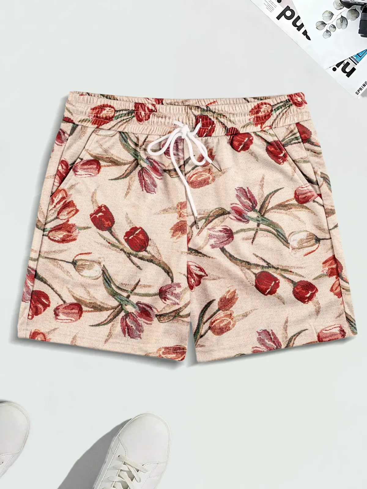 Men's Floral Print Drawstring Waist Shorts, Regular Fit Bohemian Casual Pocket Shorts for Summer, Men's Bottoms for Beach Vacation，For the desired model effect, please order one size larger.