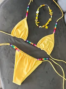 Women's Beaded Bikini Set, High Saturation Solid Color Contrast, Beach Vacation Eye-Catching Swimsuit, Split Design Swimwear