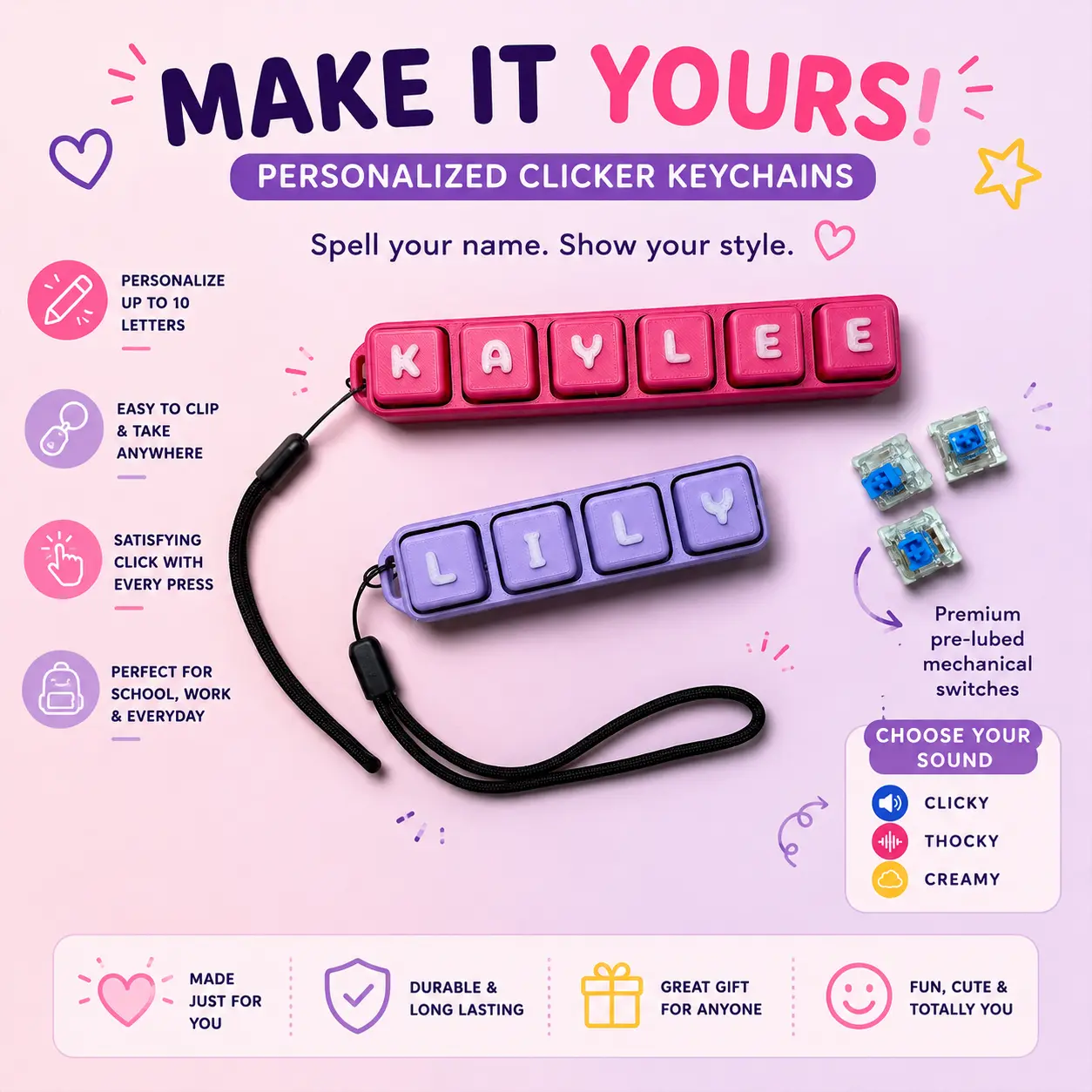 Personalized Keyboard Clicker Fidget – Custom Name Keycap Clicker | 3D Printed Desk Toy | Mechanical Keyboard Switch Fidget