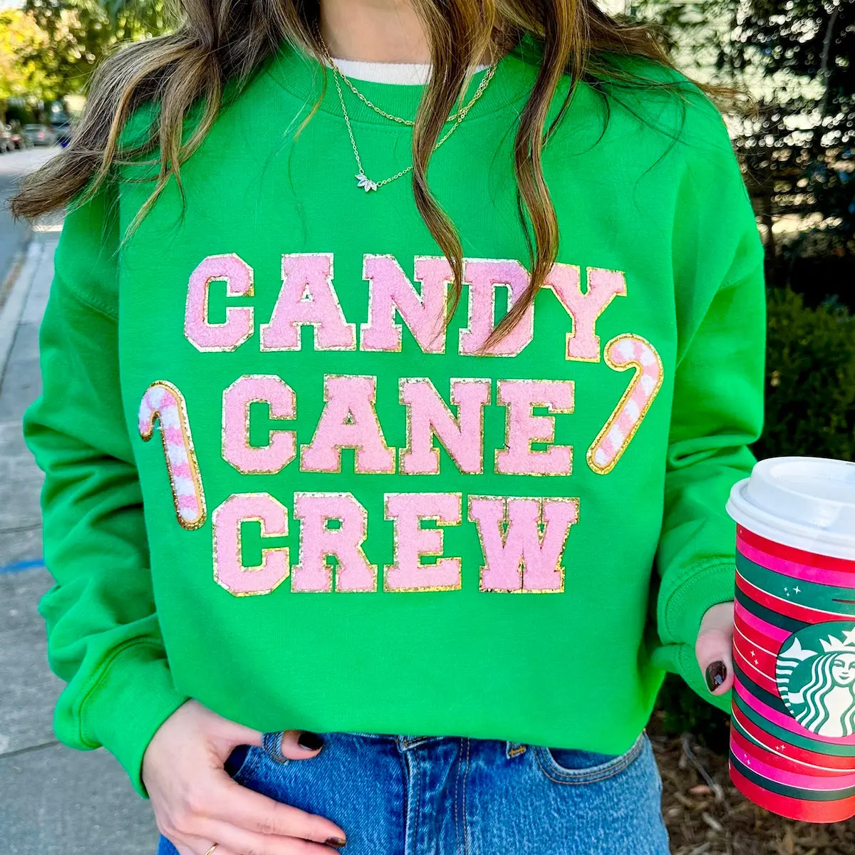 Women's 'Candy Cane Crew' Chenille United Monograms Patch Wrap Sweatshirt - Soft Cotton Casual Long-Sleeve Loose Round-Neck Top