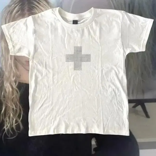 2Hollis White Cross Y2K Baby Tee, Retro 2000s Alt Aesthetic Unisex Shirt