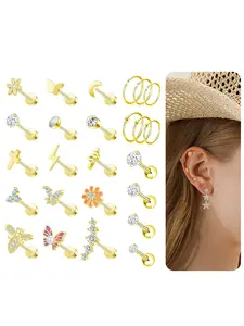 25Pcs 16G Cartilage Earrings Stud for Women Men Stainless Steel Helix Conch Hoops CZ Opal Flower Butterfly Moon Lighting Snake Bee Forward Rook Tragus Flat Screw Back Piercings Jewelry Flat Pierced Earring
