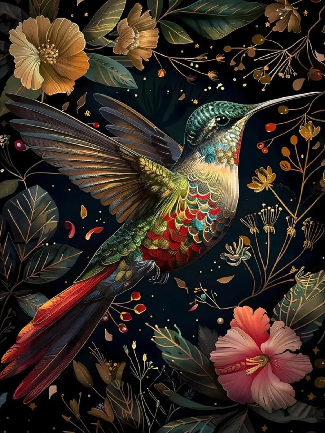 GemZono 5D Diamond Painting Kit, Vibrant Iridescent Hummingbird, Vintage Warm-Tone Floral Leaves, Dark Starry Background, Tropical Diamond Art Botanical Art Crystal Rhinestone DIY Wall Decor Gift (Toys & Hobbies, Needlework)