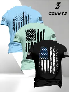 Men's Round Neck Lightweight Short Sleeve T-Shirt, American Flag Print, Regular Fit, Comfortable Daily Wear, Fashion Top 3 Pack Menswear Classic