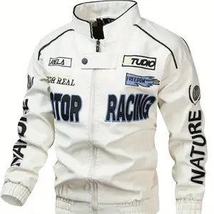 Men's PU Leather Motorcycle Racing Pattern Jacket, Menswear Casual Tops Coats, Breathable Stand-Up Collar, Zipped Long Sleeves with Zippers, Side Pockets, Flexible Fitting - Ideal for Spring and Autumn