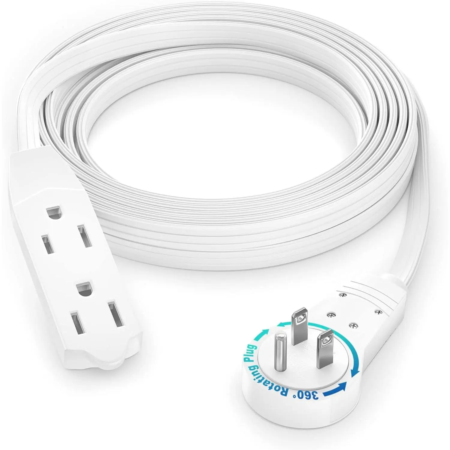 Cable 10 Ft 360° Rotating Flat Plug Extension Cord/Wire, 16 AWG Multi 3 Outlet Extension Wire, 3 Prong Grounded Wire - White - UL Certified