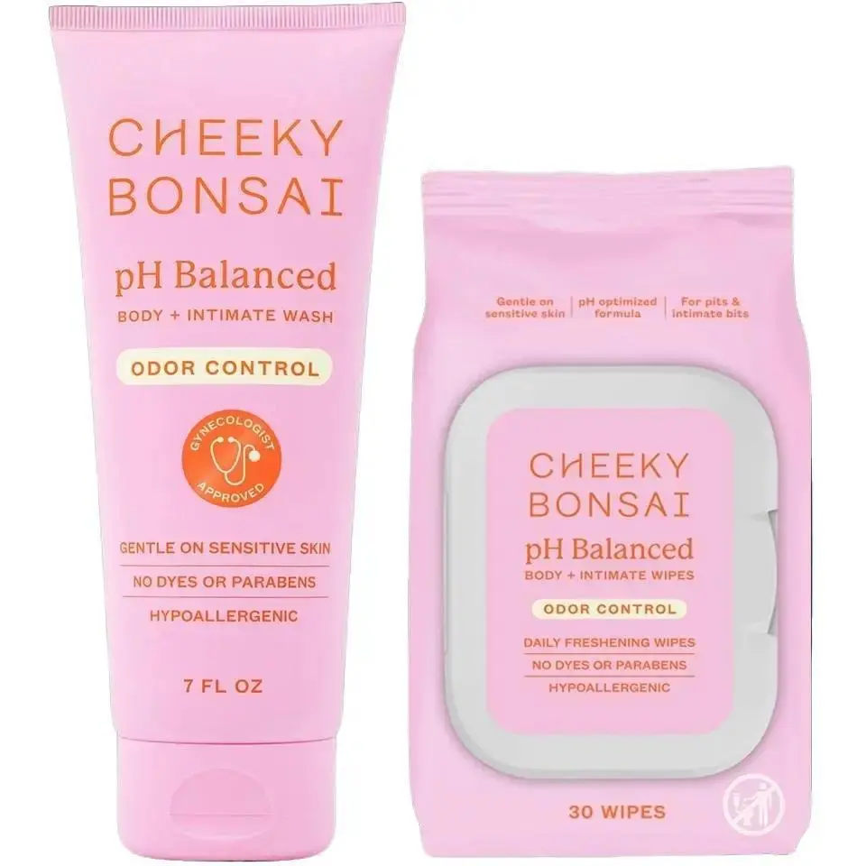 Cheeky Bonsai pH Balanced Feminine Wash & Wipes Multi-Pack - Hypoallergenic, Paraben-Free Intimate Care, Gentle for Sensitive Skin, Odor Control, No Dyes, 7 FL OZ Wash, 30 Wipes, Hypoallergenic Intimate Washes & Wipes