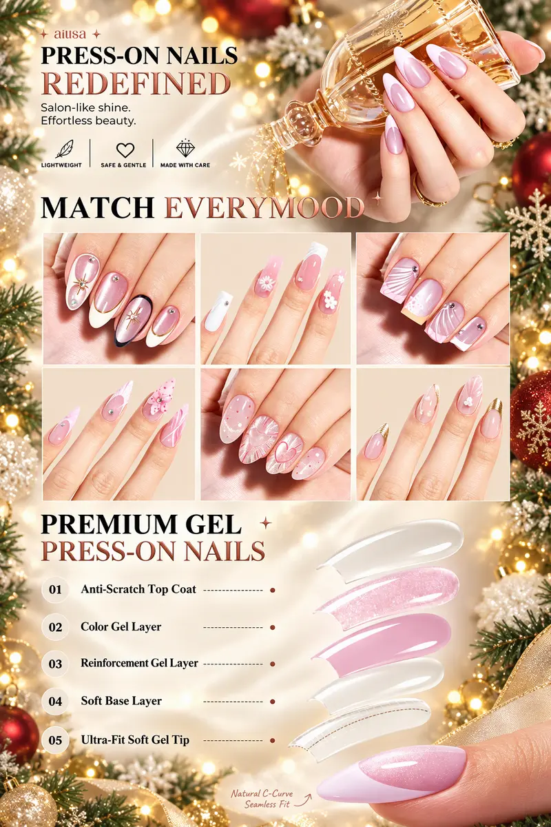AILLSA Christmas Press On Nails for Women, Reusable Fake Nails with Cute Snowflake & Glitter Designs, Glossy Trendy Press Ons for Christmas Party, Date Night, Winter & Holiday