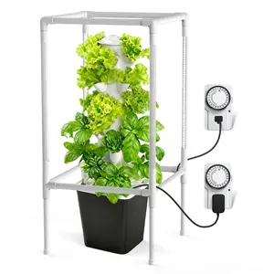 Hydroponic Growing System Vertical Indoor Herb Garden with 5000K Full-Spectrum Grow Lights Dual Timers for Auto Watering & Lighting Grows 30 Herbs & Vegetables Tower 6 Tiers with 10L Water Tank Pump Lettuce Growing Home Pot White