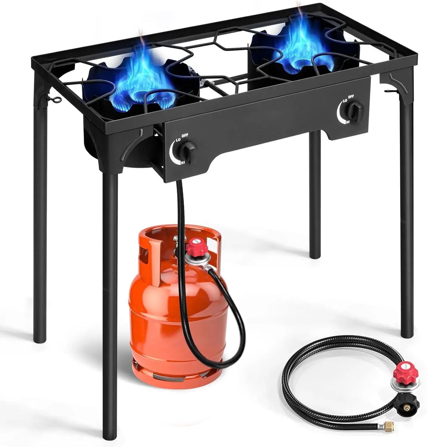 GEEKHOM 2 Burner Propane Gas Stove | 150K BTU High-Pressure Outdoor Cooker with Adjustable Regulator, Detachable Legs, Portable for Camping & Patio | Parrillas estufas de gas portátiles para cocinar afuera