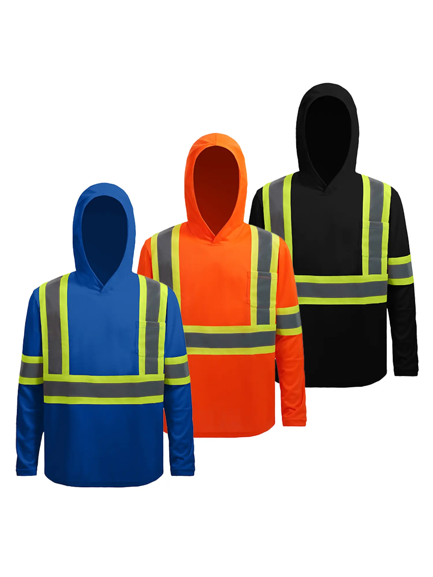 Men's 3-Pack Hi-Vis Hooded Long Sleeve Work Shirts, Reflective Lightweight Birdseye Mesh Tops for Construction, Outdoor Work