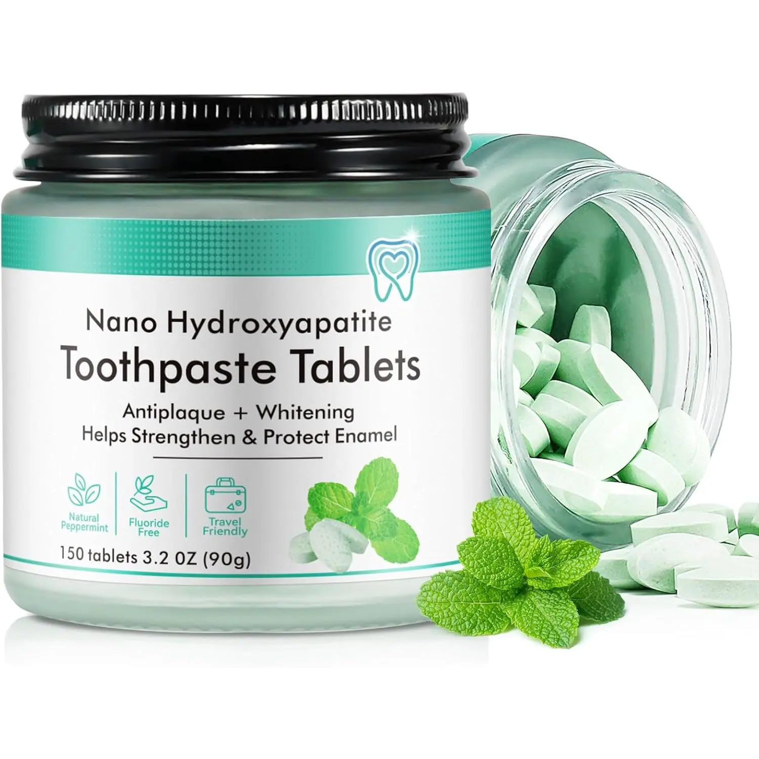 Toothpaste Tablets for Enamel Repair & Whitening|   150 Nano Hydroxyapatite Fluoride-Free Tablets with Natural Peppermint, Antiplaque & Sensitivity Relief, Travel-Friendly Dental Care (90g)