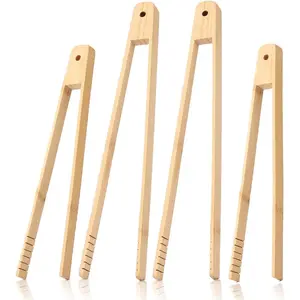 Bamboo 4 Pcs Tongs Set - 11.8in & 9.8in Kitchen Tongs & Toaster Tongs for Cooking, Grilling, Salads & More, Natural, Renewable, Eco-Friendly