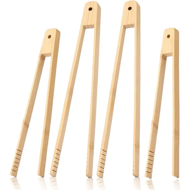 Bamboo 4 Pcs Tongs Set - 11.8in & 9.8in Kitchen Tongs & Toaster Tongs for Cooking, Grilling, Salads & More, Natural, Renewable, Eco-Friendly
