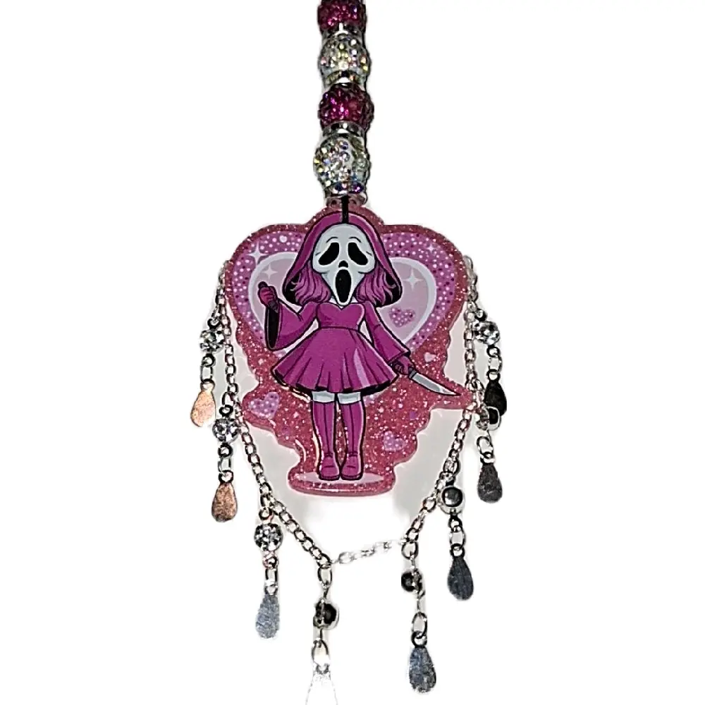 Girly Ghostface  Bling Rearview Mirror Hanging Accessory , Car Accessories, Car Mirror Decor Decoration, Magnetic Clip
