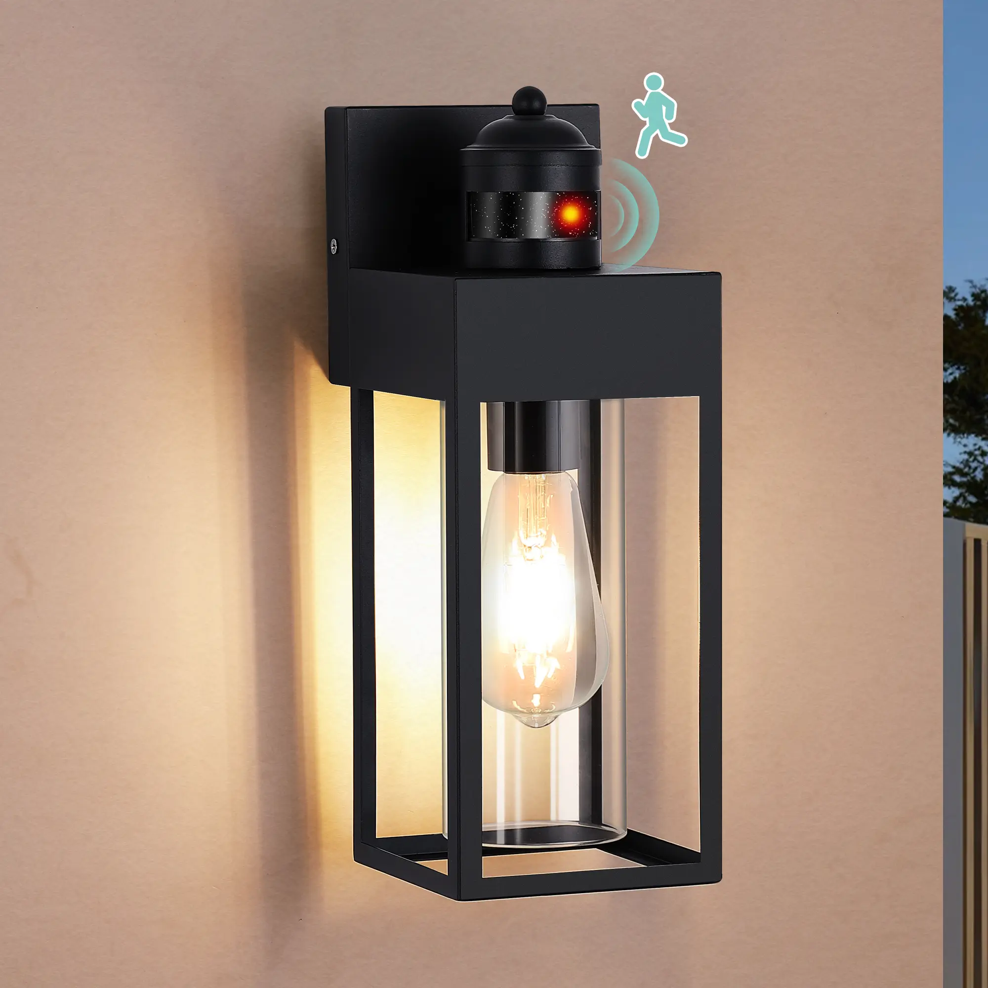 Modern Wrought Iron Outdoor Wall Light with Motion Sensor - E26 Base, 3 Lighting Modes, Adjustable, Weatherproof, Rainready Lighting, Wall Switch Control, Energy-Saving, Security-Enhancing, Glass Shade, Ideal for Covered Area, Outdoor Lighting Modern