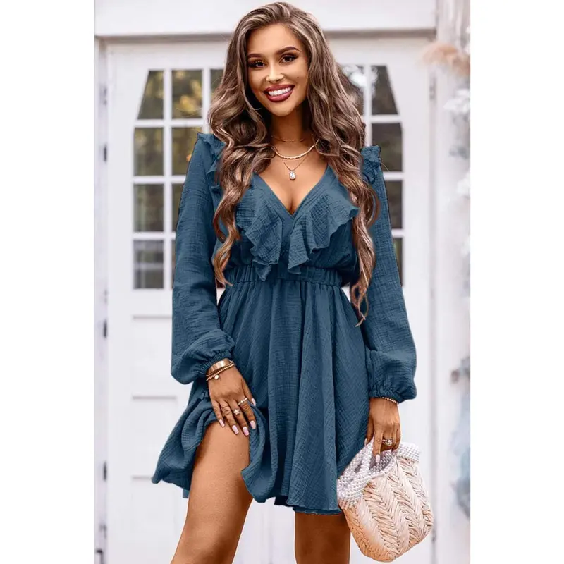 strapless open back dress Plunge Neck Long Sleeve Ruffle Hem Mini Dress Brown main image 1