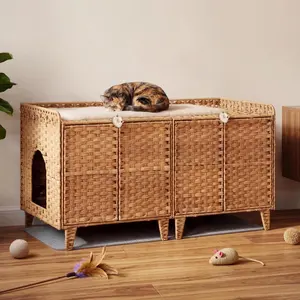 Garvee Upgraded 47.2"L x 19.7"W x 23.6"H Natural Rattan Litter Box Enclosure, Double Space for 2 Cats, Hidden Cat Furniture with Doors, Litter Mat & 2 Hooks, Easy-Clean Large Indoor Cat House