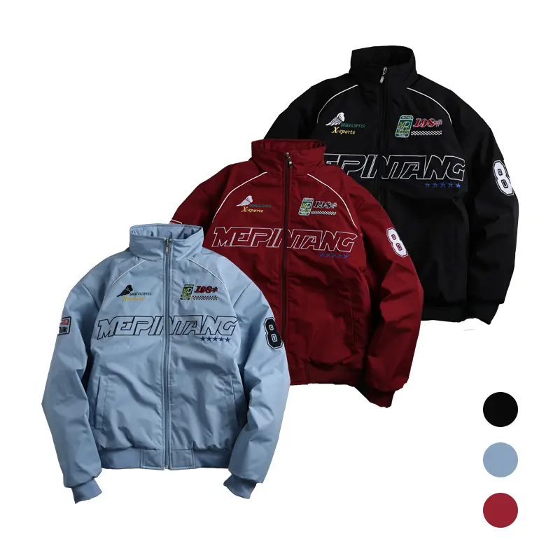 Men’s racing-style hooded jacket — featuring graphic prints and patch details, a stand collar design, fleece fabric for comfort and warmth; suitable for casual street style, everyday wear, or sporty outerwear with long sleeves popular this season.