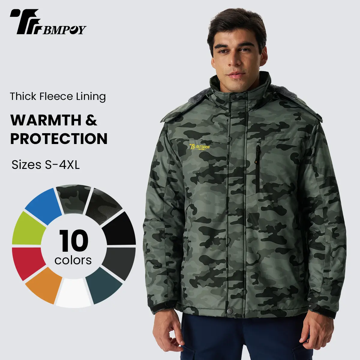 TBMPOY Thick Fleece Lining Jacket for Men - Warmth & Protection - 10 Colors Available - Sizes S-4XL - Camouflage Design Men's Ski Snow Jacket Warm Winter Waterproof Coat Snowboard Rain Jacket Hooded Windproof Windbreaker For Outdoor