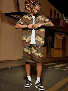 Men's Camo Print Two-Piece Set Outfit, Short Sleeve Button-Down Shirt & Shorts, Workwear Pockets, American Street Style Casual
