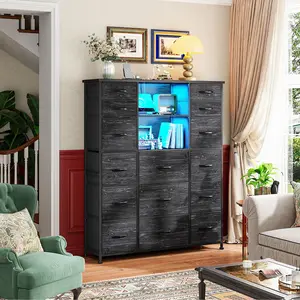 Raybee Furniture 51" H Dresser with 15 Drawers Dresser for Bedroom, with Charging Station & LED Lights & Hutch Sturdy, Steel Frame, Wood Top