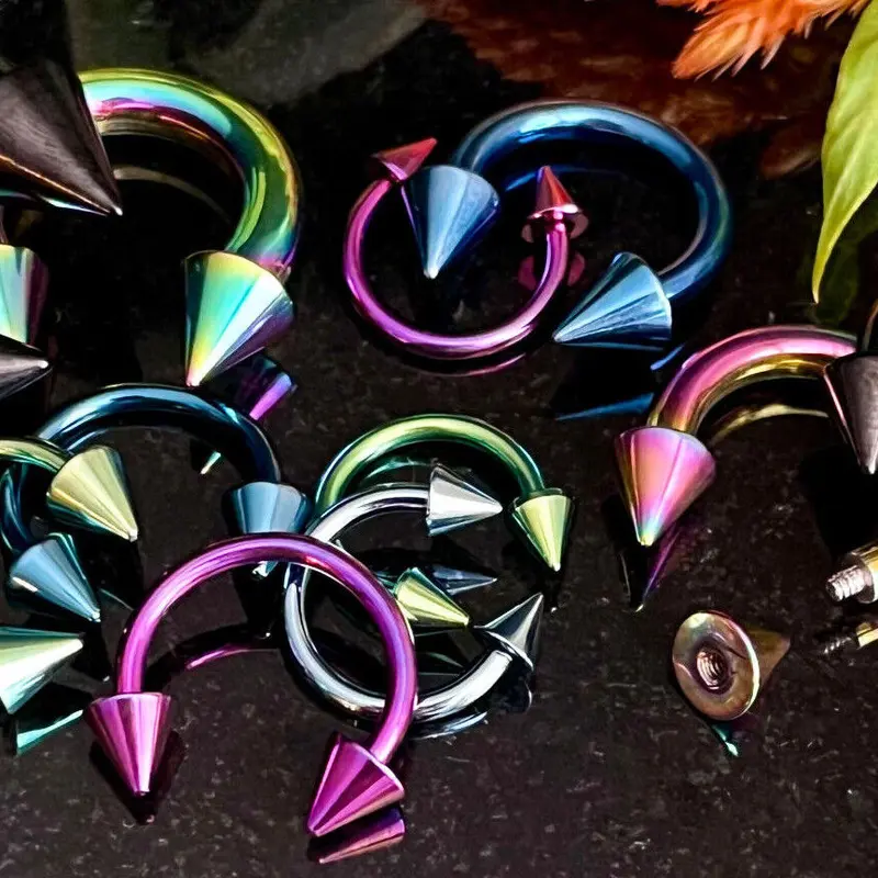 PAIR Titanium Spiked Circular Barbells Horseshoe Septum, Eyebrow, Nipple Rings