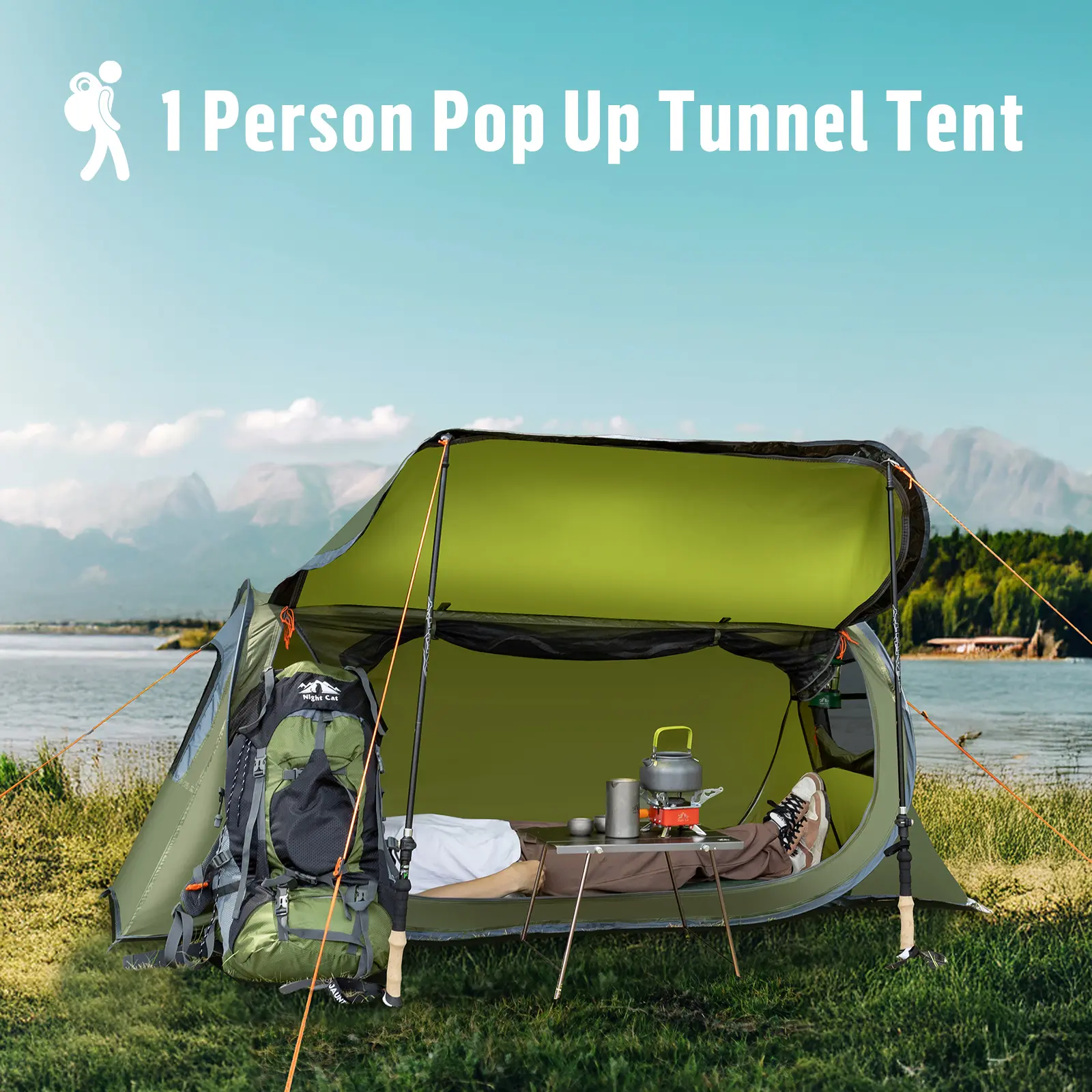 Night Cat 1-Person Pop-Up Beach Tent, Waterproof Polyester Tunnel Style for Camping, Windproof with Porch, Instant Setup, Lightweight, Fits Cot, Windproof Tent, Lightweight Portable Tent tiktokshopbacktoschool