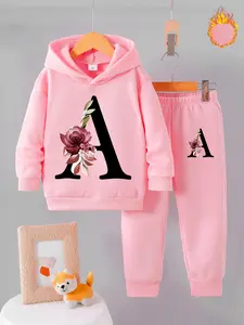 Girls' Fall Winter Fleece Sweatshirt Set, Rainbow Stripe Letter Design, Long Sleeve, Casual & Cute, Perfect for Home & Outdoor Play, Clothes Kids