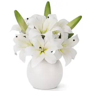 Realistic Artificial Lilium Flowers Bouquet - 6 Lifelike Heads - Faux Floral Flower Arrangement for Home Decor, Living Room Display