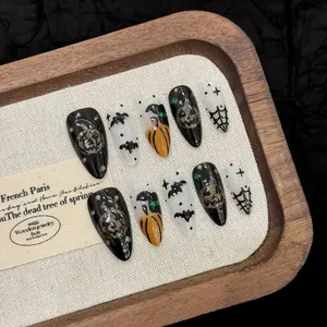 Black Hand-Painted Pumpkin Press-On Nails, Halloween Festive Atmosphere False Nails, Suitable For Halloween Parties/Gifts