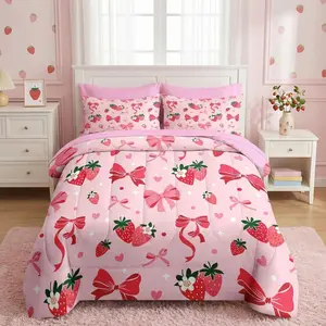 Bow Comforter Set Full Size, 7 Pieces Bed in a Bag, Pink Bow Bedding Set for Girls, Strawberry Comforter Set with 2 Pillowcase & 2 Sham