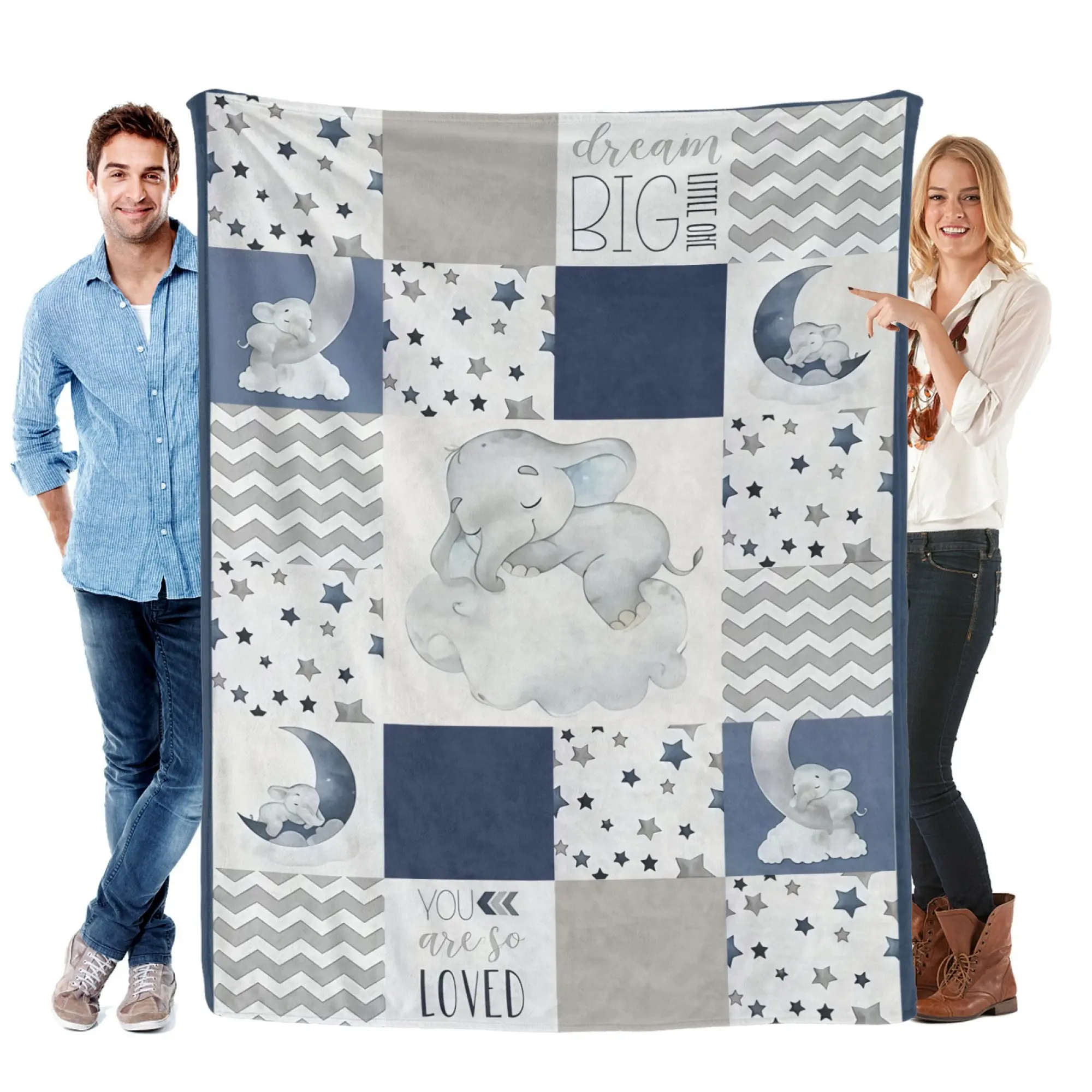 Cute sleeping baby elephant star moon patch design plush flannel blanket, lightweight breathable warm cover for toddlers, minimalist neutral tone nursery decoration, thoughtful sentimental baby shower gift for infant boys and expecting parents.