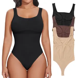 Women's Soft Tummy Control Shapewear Bodysuit - Casual Sleeveless Square Neck Tank Top Thong Underwear for Activewear Use